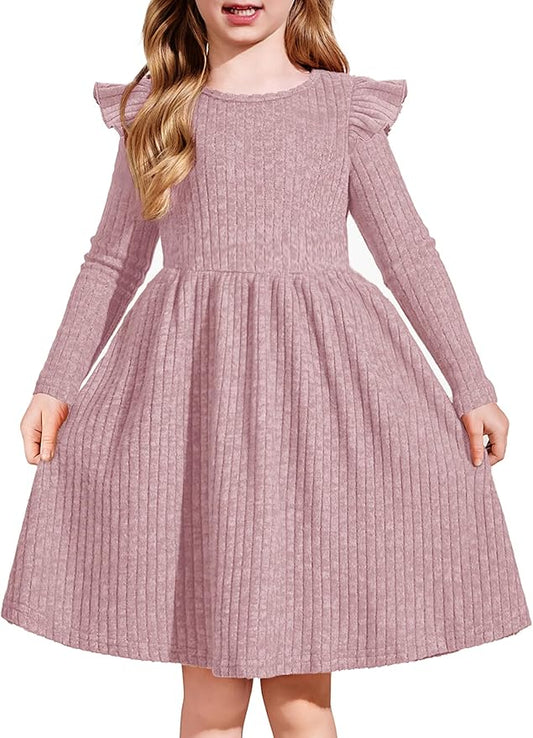 Arshiner Toddler Girl Dress Baby Girls Knitted Ruffle Sleeve Pocket Dresses A-Line Flared Fall Winter Clothes for 2-8 Years