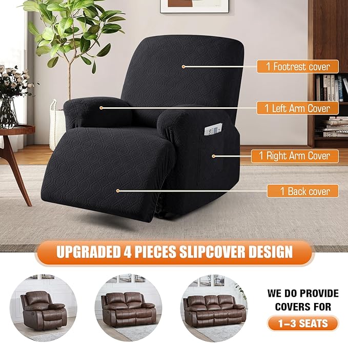 VANSOFY Oversized Recliner Chair Cover, 4-Pieces Stretch Recliner Covers for Recliner Chair Soft Reclining Chair Slipcover Jacquard Pattern Furniture Protector for Dogs Cats(Black)