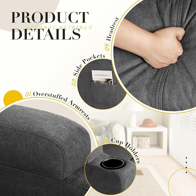 Recliner Chair, 360° Swivel Rocker Chair for Adults, Rocking Recliner Chair with Massage, Comfy Single Sofa with Side Pockets Cup Holders for Living Room, Bedroom, Nursery (Fabric, Gray)