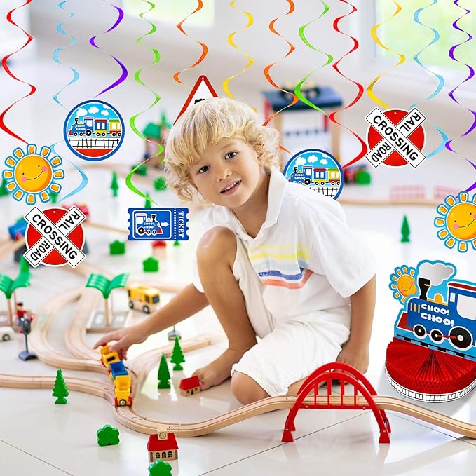 Train Birthday Party Decorations Set, Happy Birthday Banner Train Honeycomb Centerpiece, with 6 Pieces Hanging Swirl Decoration for Birthday Party Supplies Baby Shower