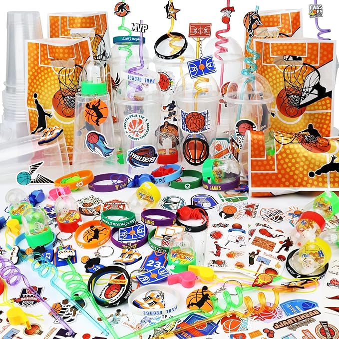 166PCS Basketball Party Favors with Cups Straw Tattoos Sticker Keychain Bracelet Whistle Basketball Toys & Goodie Bags for Birthday Party Supplies, Classroom Treasure Prizes, Basketball Team Gifts