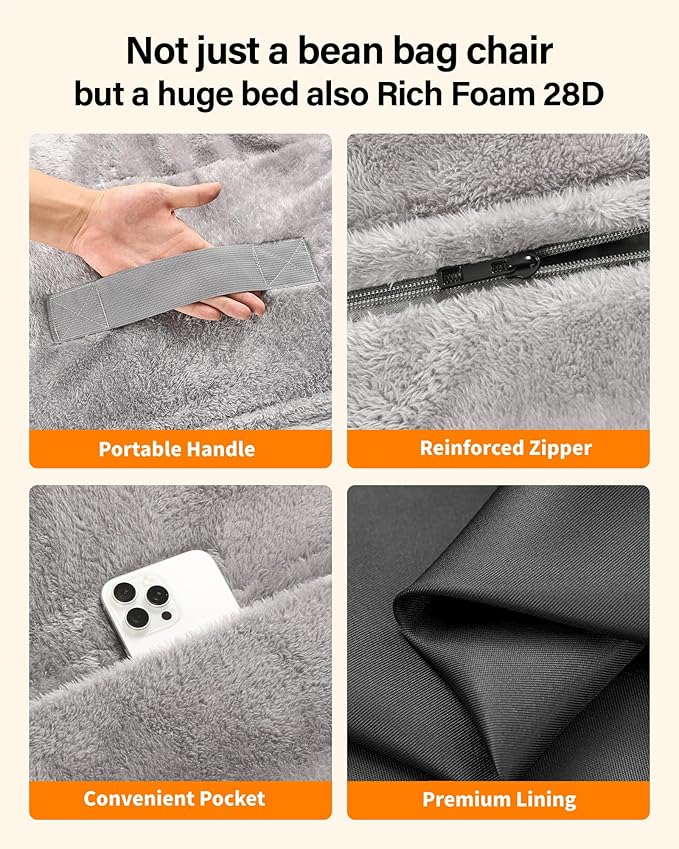 Giant Bean Bag Convertible Chair: Bean Bag Chair for Adults Kids Teens Couples for Lay Sleep in Living Room Bedroom Reading Room Game Room - Bean Bag Chair Supportive Foam Filling Washable(Full)