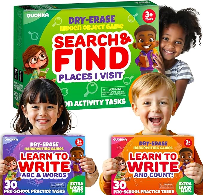 QUOKKA Busy Book Handwriting Practice for Kids - Search & Find - Activity Cards for Kids 3-8 – Reusable Mats with Dry-Erase Marker, Explore 20 Topics, Road Trip Activities, and Travel Games