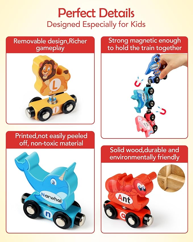 Wooden Alphabet Train Set for Toddlers – Magnetic ABC Train with Snap-Connection, Animal-Themed Educational Preschool Toy for Kids Ages 3-5, Montessori STEM Learning Gift for Boys and Girls