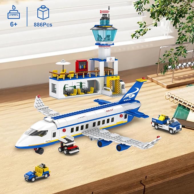 886 Pcs City Airport Passenger Terminal Building Set, 6 IN 1 Airplane Building Blocks Toy, STEM Aircraft Bricks with Shuttle Bus,Luggage Cart,Planes Model Toys Gifts for Adults Boys Ages 6-12+
