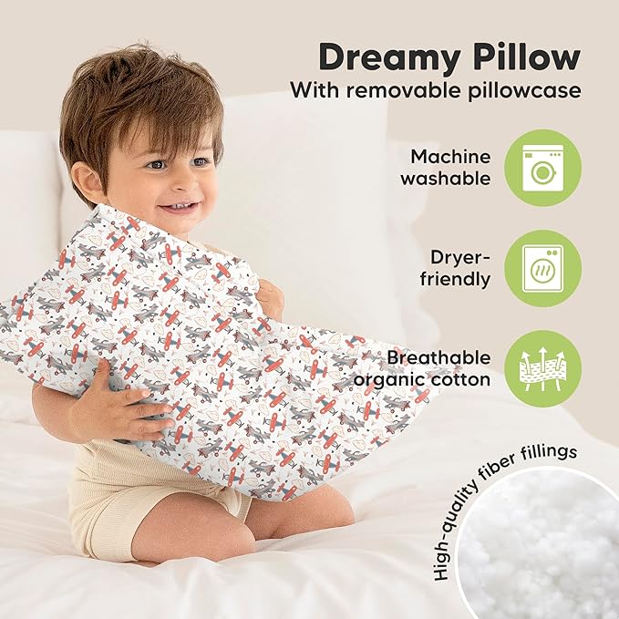 Toddler Pillow with Pillowcase - 13x18 My Little Dreamy Pillow, Organic Cotton Toddler Pillows for Sleeping, Kids Pillow, Travel Pillows, Mini Pillow, Nursery Pillow, Toddler Bed Pillow (Aircraft)