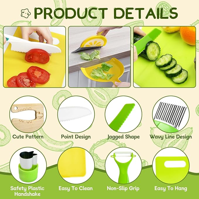 15 Pieces Kids Safe Knife Set for Real Cooking Child-Friendly Plastic Chef Tools Montessori Kitchen Toys for Toddlers with Bright Colors Gifts for Boys and Girls