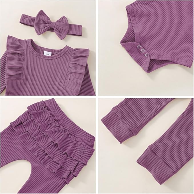 Baby Girl Clothes Newborn Infant Fall Winter Outifts Ribbed Ruffle Long Sleeve Romper Pant Outfit Set 3pcs 0-18Months