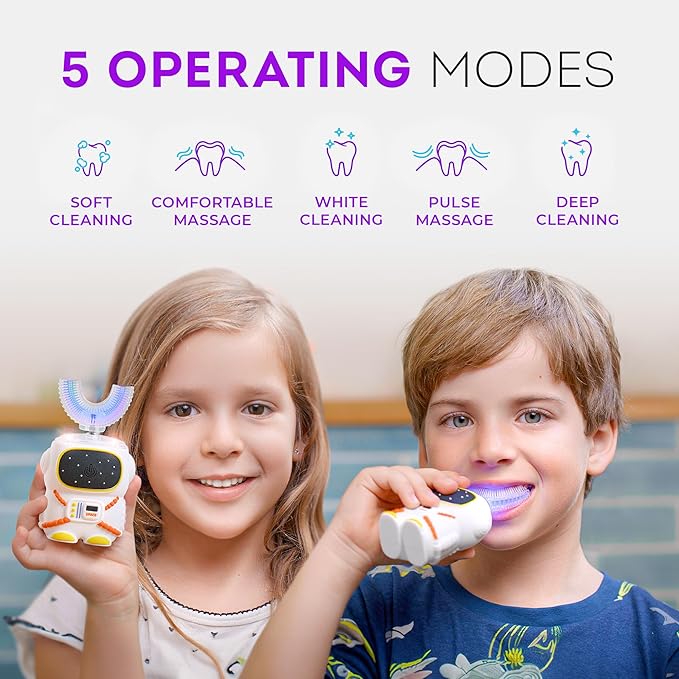 Sensory 360 Round U-Shaped Astronaut Design Mouthguard Electric Toothbrush for Kids Ages 2-7 - Automatic Memory Function - 5 Modes Toothbrush with Multiple Heads – Kids Travel Essentials (White)
