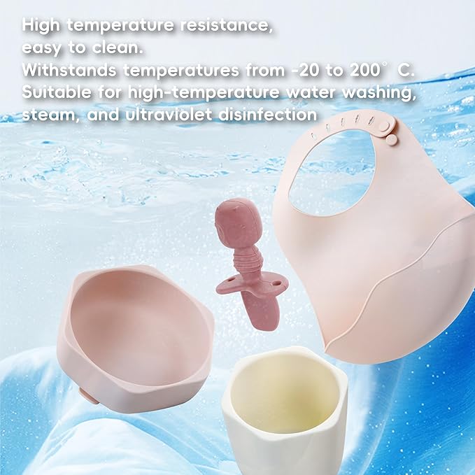 8PCS Baby Feeding Set,Silicone Baby Weaning Sets Baby Led Weaning Supplies Divided Plate Suction Bowl Cup with Straw Bib Feeder Spoons for 6+ Months (Yellow)