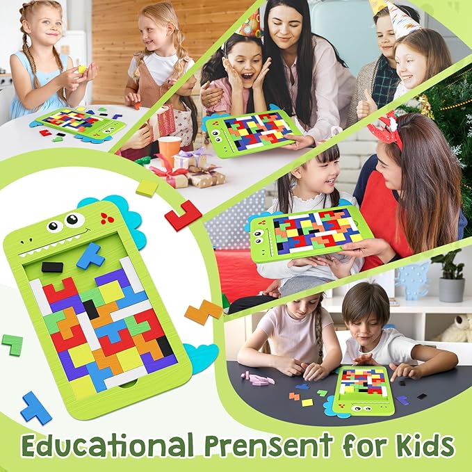 40 Pcs Wooden Blocks Puzzles, Jigsaw Puzzles, Dinosaur Wooden Brain Teaser Puzzles IQ Game Toy, Educational Puzzle, Intelligent Tangram 3D Russian Blocks for 3+ Years Old Kids