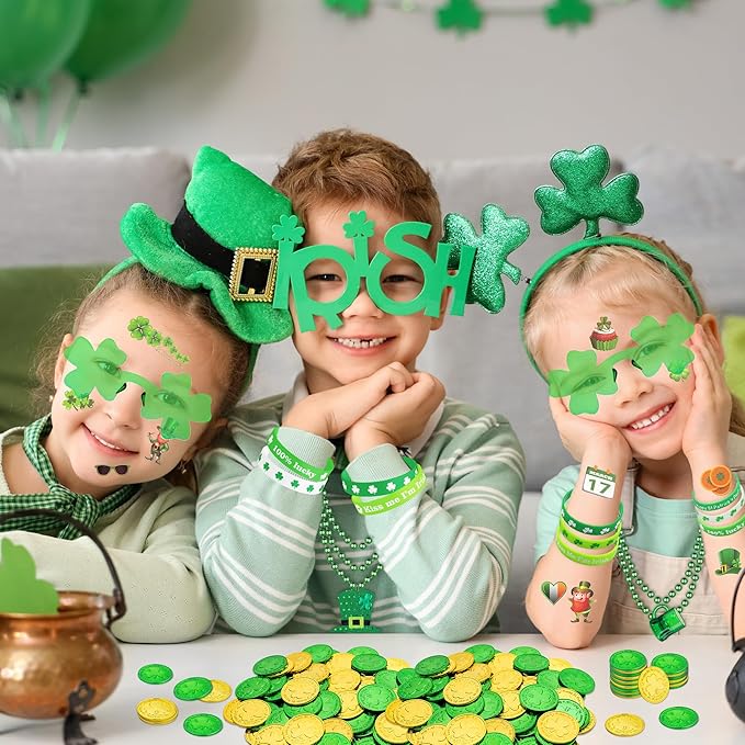 163Pcs St. Patrick's Day Accessories Party Favor Set, Tattoo Stickers, Necklaces, Bracelets, Shamrock Glasses, lucky Coins for Irish Party Supplies