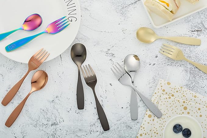 ANNOVA Kids Silverware 6 Pieces Children's Safe Flatware Set Stainless Steel - 3 x Forks, 3 x Children Dinner Spoons, Toddler Utensils, Metal Cutlery Set for LunchBox (Engraved Dog Bunny)
