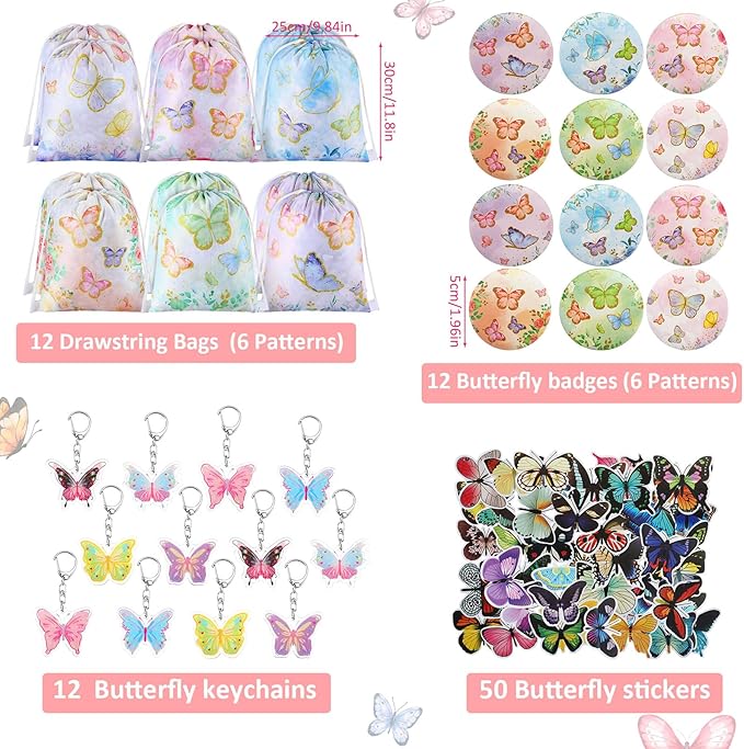 140 Pcs Butterfly Party Favors Spring Butterfly Birthday Party Supplies Include Mini Notebook Pen Keychain Bracelet Drawstring Bag Sticker Fairy Party Favor for Birthday Party Supply