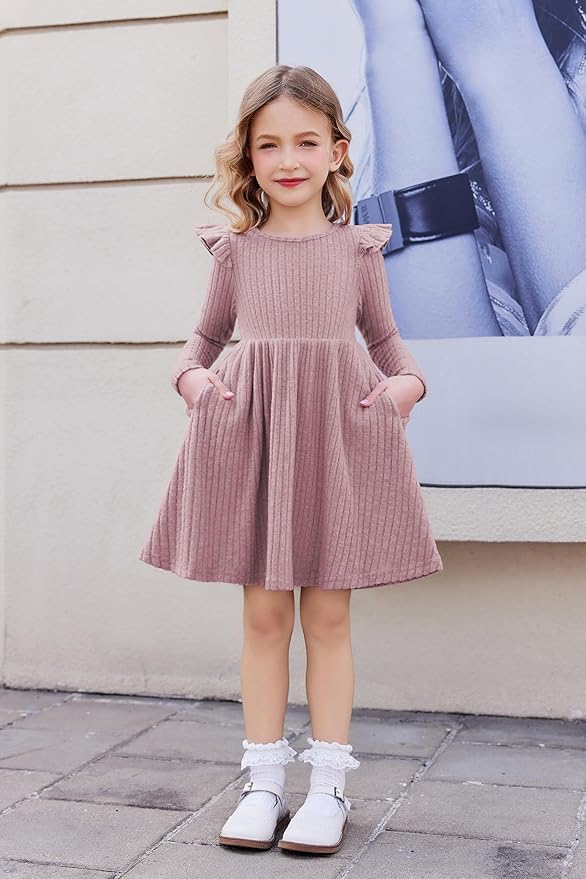 Arshiner Toddler Girl Dress Baby Girls Knitted Ruffle Sleeve Pocket Dresses A-Line Flared Fall Winter Clothes for 2-8 Years