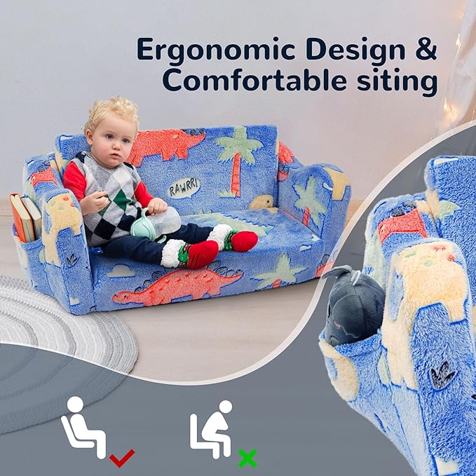 Elevon 2 in 1 Wider Toddler Couch, Flip Open Soft Sofa Bed, Glow in The Dark Flannel Baby Couch, 2-Seat Kids Chair Convertible Couch Easy Fold & Unfold, Baby Recliner Sofa for Girls and Boys