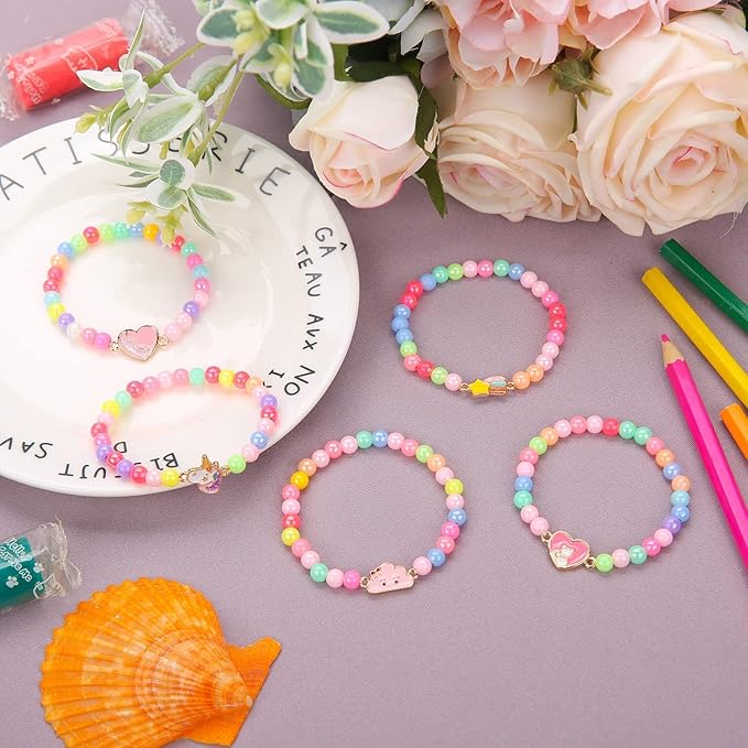 20 Pcs Colorful Unicorn Bracelet Girls Rainbow Unicorn Heart Beaded Bracelet Stretchy Costume Jewelry Set Party Favors Gifts Friendship Bracelets for Kids Little Girls (Bead Style)