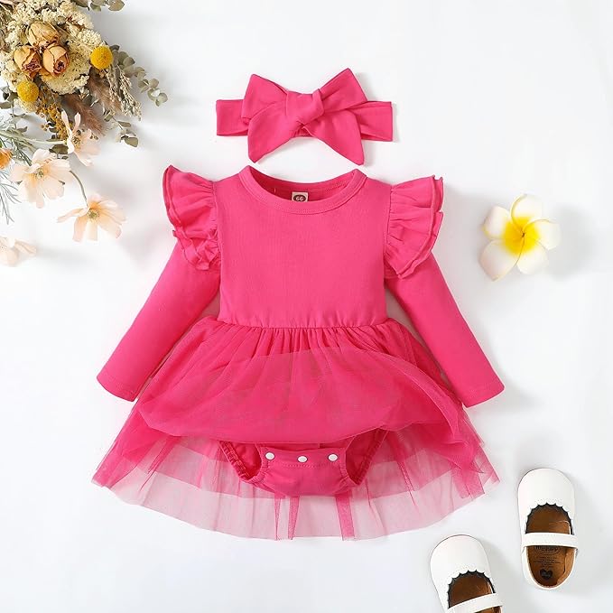 Baby Girl Ruffle Sleeve Romper Dress Outfit Newborn Princess Tulle Dresses Infant Jumpsuit Tutu Skirt Set Clothes