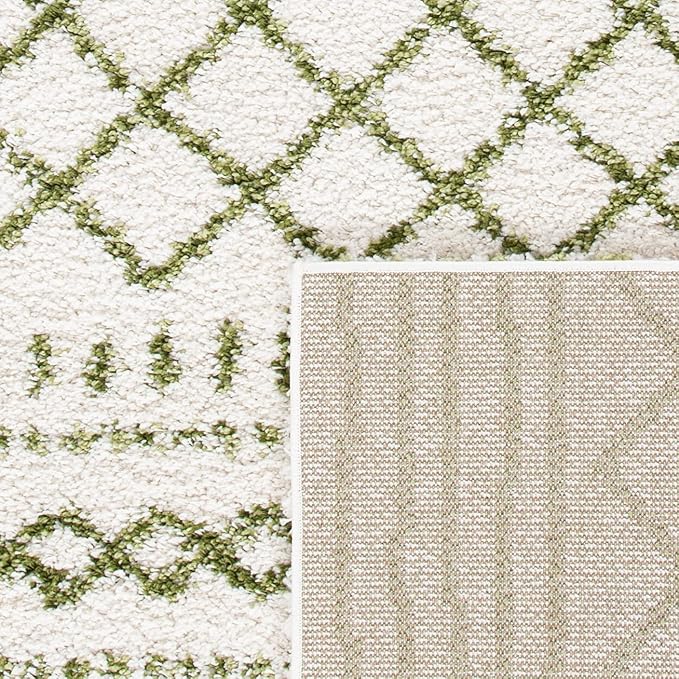 SAFAVIEH Arizona Shag Collection Runner Rug - 2'3" x 8', Ivory & Green, Moroccan Design, Non-Shedding & Easy Care, 1.6-inch Thick Ideal for High Traffic Areas in Living Room, Bedroom (ASG741Y)