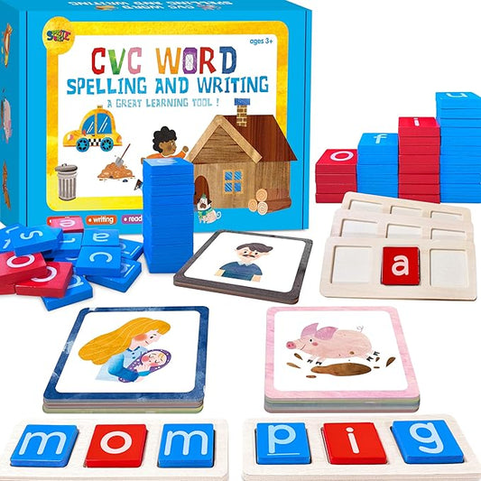 154 PCS Wooden CVC Word Spelling Game, Short Vowel Spelling Flashcards Sight Words Flash Cards Montessori Early Educational Toys for Preschool Kindergarten (5 Dry Erase Marker Included)