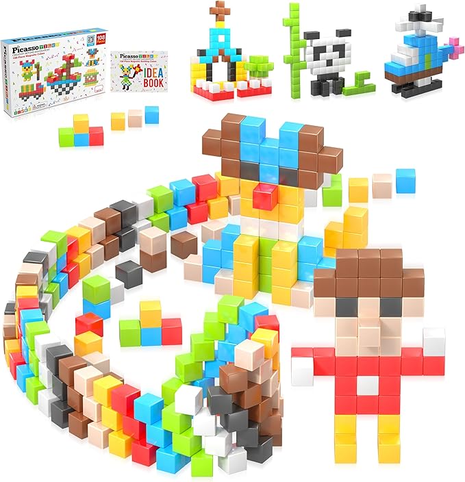 Picasso Cubes 1” Magnetic Puzzle Cubes 108 Piece Magnet Construction Building Block Set Sensory Toy Early Education STEM Learning, Free Ideabook with 50 Ideas, Children Age 3+ Boy Girl PMC108
