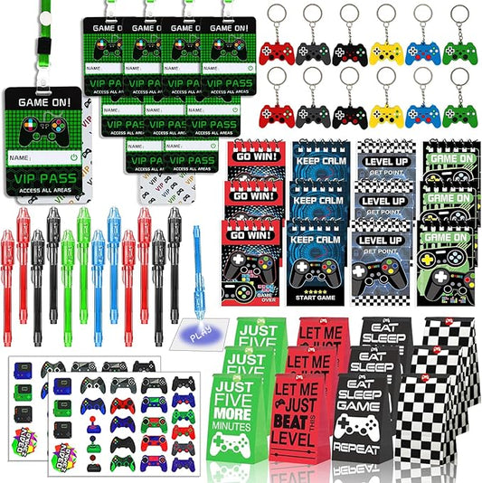 146 Pcs Video Game Party Favors, Gamer Party Favors -Ink Pen Notebook VIP Passes with Lanyards Slap Bracelets Keychains Bags Tattoo Stickers for Kids Gaming Party Favors Game On Birthday Party Favor