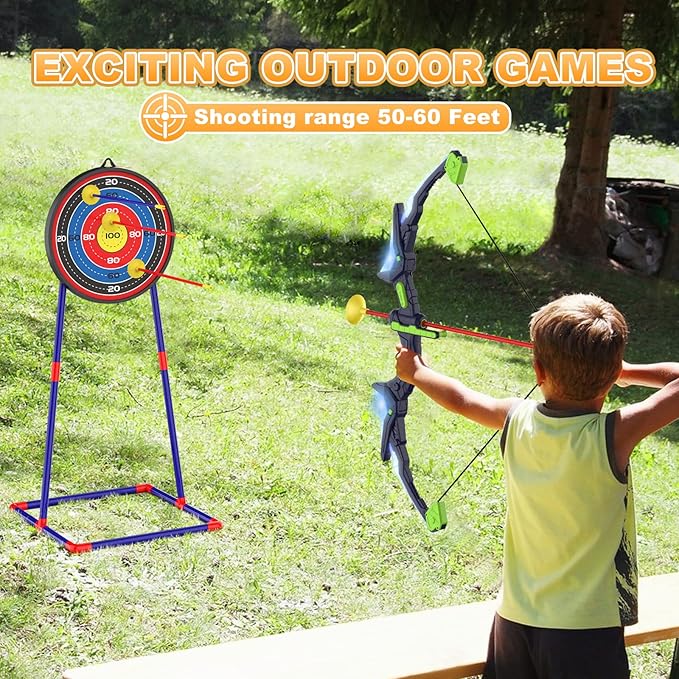 2 Pack Kids Bow and Arrow Set with LED Flash Lights, 14 Suction Cup Arrows and Fluorescence Standing Target-Perfect Indoor and Outdoor Archery Set Toy Gift for Boys and Girls Ages 4-12