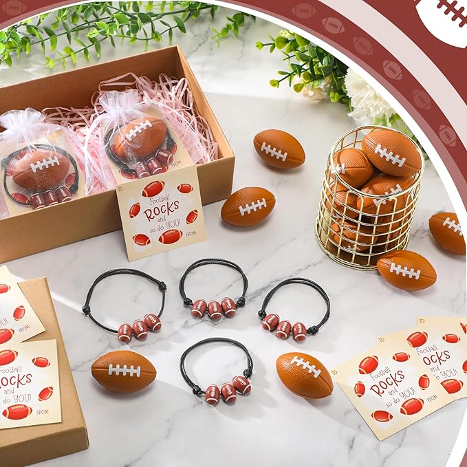 18 Sets Valentine's Day Football Gifts Mini Football Stress Balls Football Bracelets with Football Valentines Cards Football Team Gifts Party Favors for Valentine's Day Carnival Birthday