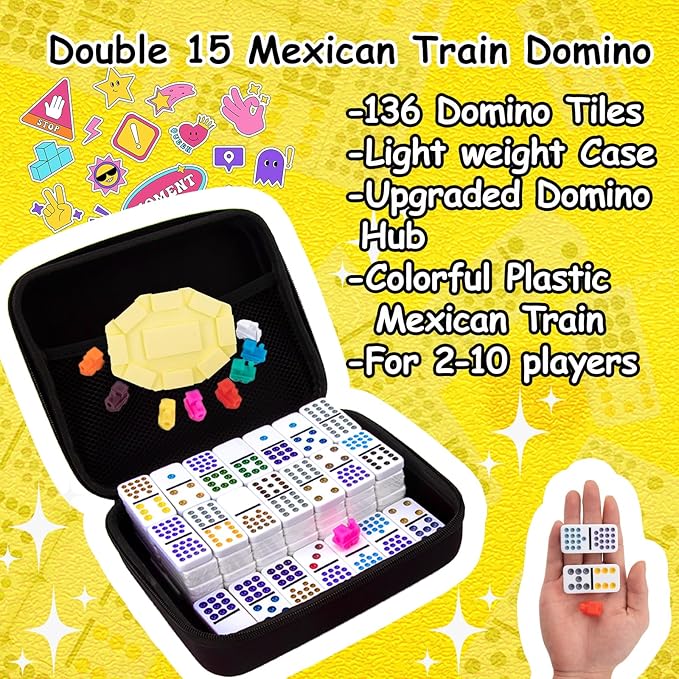 Mexican Train Dominoes Set Double 15,Double Fifteen Dominoes with 136 Tiles,Dot Dominos for Adults Family Board Games with Lightweight EVA Case Portable for Travel Camping