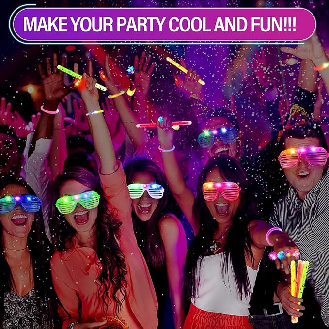 60pcs LED Light Up Toys Party Favours Glow in the Dark Party Supplies for Kid/Adults Halloween with 40 Finger Lights, 6 Jelly Rings,4 Flashing Glasses, 4 Glow