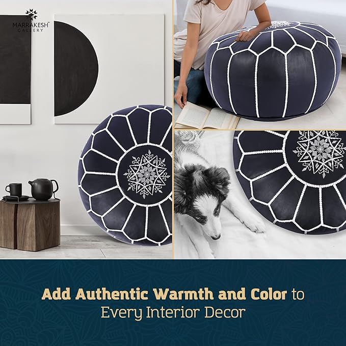 Marrakesh Gallery Genuine Leather Round Pouf Unstuffed - Moroccan Ottoman Footstool, Footrest Cover - Boho Decor - Bohemian Living Room, Bedroom, Kids Room, Gift & Wedding