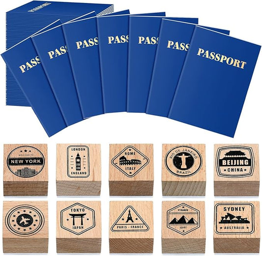 Passport Stampers Set 20 Pack Blank Travel Fake Passport Notebook and 10 Pcs Wooden Passport Stamps for Kid Pretend Passport Party Favors Collections Art Craft and Classroom School Projects