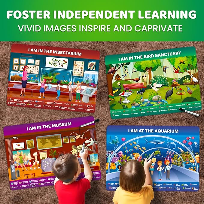 QUOKKA Busy Book Handwriting Practice for Kids - Search & Find - Activity Cards for Kids 3-8 – Reusable Mats with Dry-Erase Marker, Explore 20 Topics, Road Trip Activities, and Travel Games