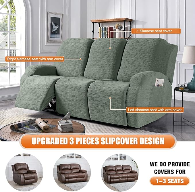 VANSOFY Recliner Cover, 3-Pieces Stretch Reclining Couch Covers with Pockets Reclining Sofa Slipcovers 3 Seater Soft Washable Furniture Protector for Dogs Cats(Bean Green)
