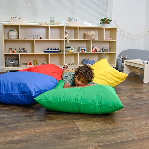 Children's Factory, CF650-507, 27" Cozy Floor Pillows, Set 4, Primary, Flexible Seating Classroom Furniture, Daycare or Preschool Kids Reading Nook