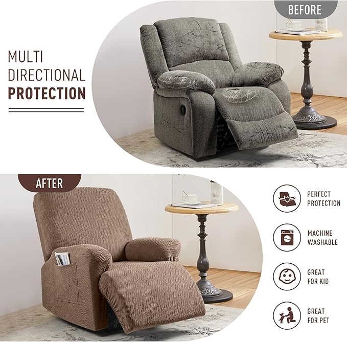 KinCam Recliner Covers, Stretch Reclining Chair Covers, Recliner Sofa Slipcovers Stripe Jacquard Recliner Couch Covers Furniture Protector Covers for Pet Kid (1 Seater, Light Coffee)