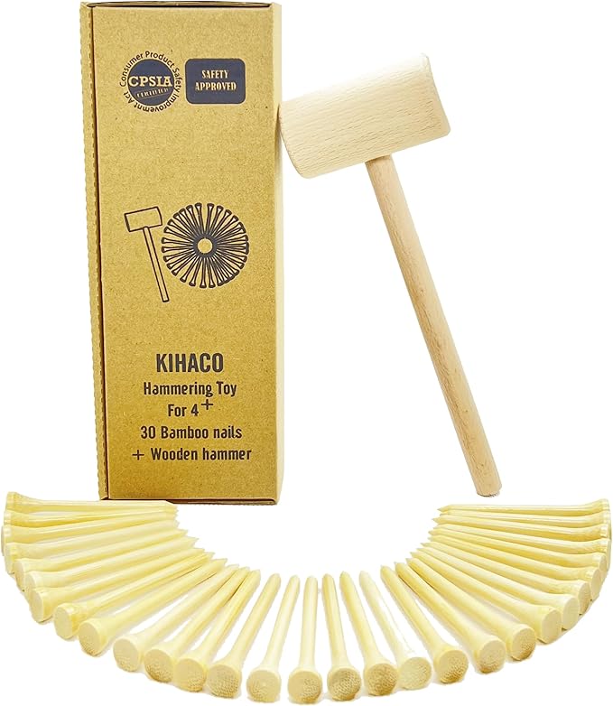 Hammering and Pounding Toys for Kids Include 1 Wood Hammer and 30 Bamboo Nails Improve Fine Motor Skills Friendly Natural Wooden Educational Montessori Toy for Childs DIY Birthday Gift for 4+