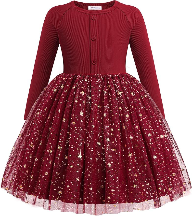 Arshiner Toddler Girls Tutu Dress Long Sleeve Fall Winter Button Front Party Tulle Dresses 2-8Y