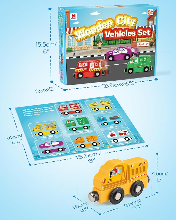 8-Piece Magnetic Wooden Train Set, Customizable City-Themed Vehicles for Kids 3+, Montessori Fine Motor Skills Educational Toy, Build Connect Explore with Endless Combinations