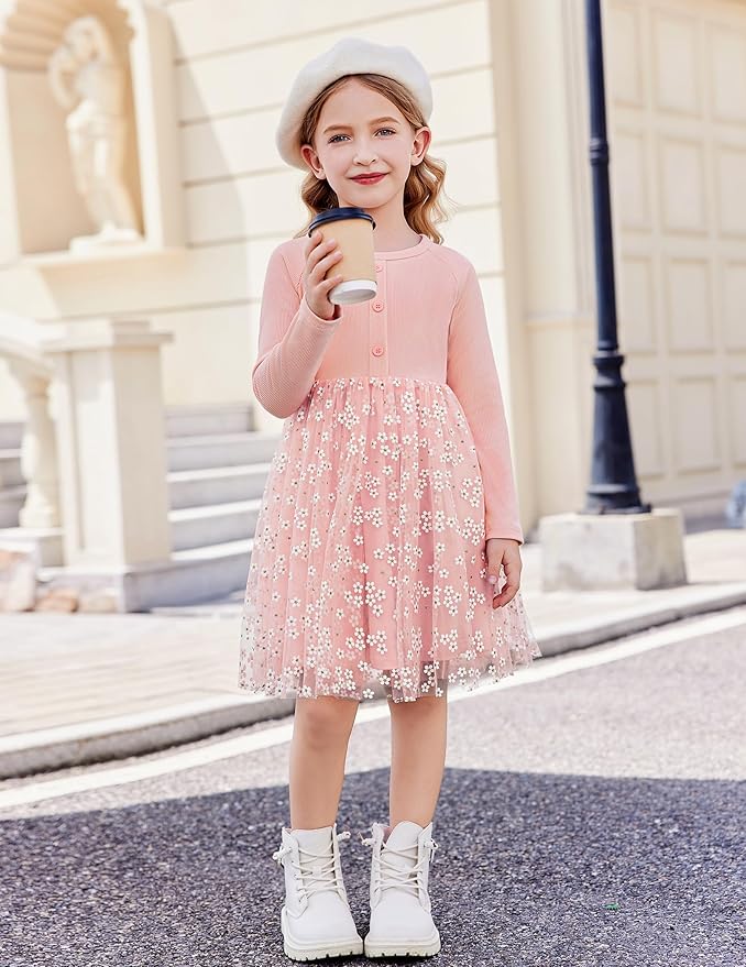 Arshiner Toddler Girls Tutu Dress Long Sleeve Fall Winter Button Front Party Tulle Dresses 2-8Y
