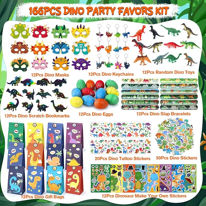 166 Dinosaur Party Favors Dino Birthday Supplies Mask Egg Figure Scracth Bookmark Slap Bracelet Keychain Sticker Tattoo Toy Gift Kid Boy Girl Goodie Bag Stuffer Dinosaur Themed Party Supplies