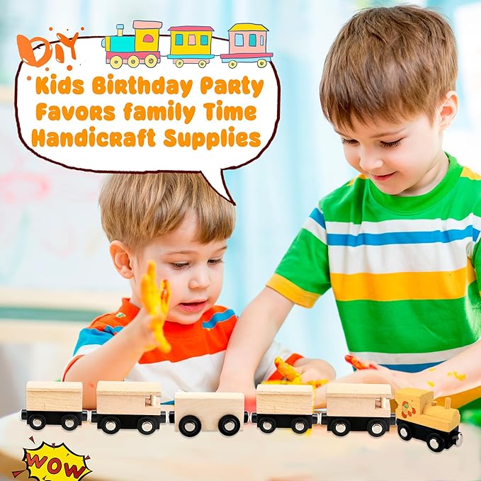 12 Pcs Wooden Trains Toys Unpainted Wood Train Cars Weak Magnetic Suction Paintable Wooden Railway for Kids Educational Toys Birthday Christmas Party Gifts (Style Set 3)