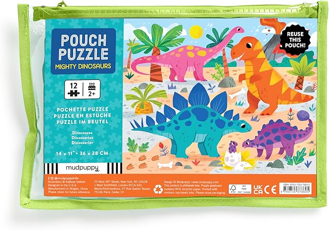Mudpuppy Mighty Dinosaurs β 12 Piece Puzzle with Reusable Zipper Pouch Featuring Colorful and Fun Illustrations of Prehistoric Dinosaurs Perfect for Easy Storage and Travel