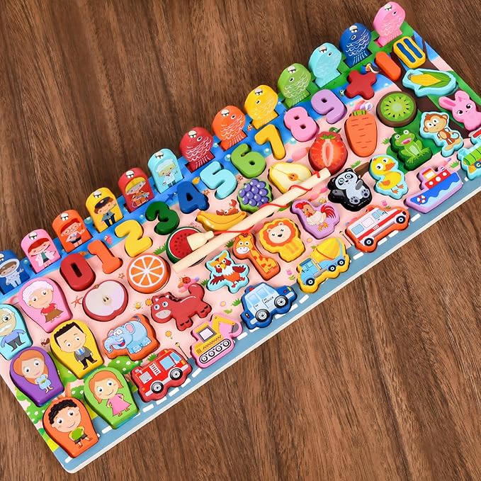 Wooden alphanumeric Shapes Jigsaw Ring Count Classification Toys Math Shapes Building Blocks Toddler Learning Playboard Math Fishing Educational Toys Montessori Educational Toys (color2)