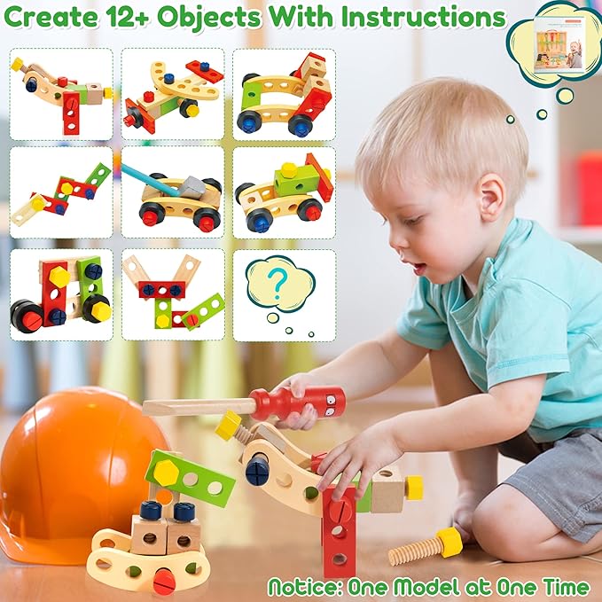 Bravmate Toddler Tool Set with Portable Tool Box & DIY Stickers, Wooden Kids Tool Sets for Boys Girls Age 2-4, STEM Montessori Educational Preschool Toys, Birthday Gifts for 3+ Years Old