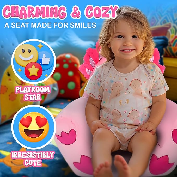 Forest & Twelfth Kid’s Axolotl Chair, 20 Inch Cozy Stuffed Animal Seat, Adorable Pink Squishy Sofa for Children, Soft & Comfy Kawaii Plush for Playroom & Bedroom, Durable, Toddler Gift, Room Decor