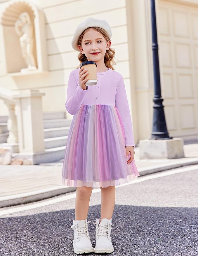Arshiner Toddler Girls Tutu Dress Long Sleeve Fall Winter Button Front Party Tulle Dresses 2-8Y