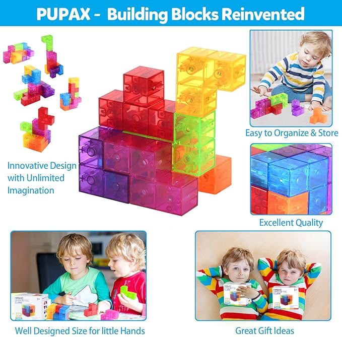 Magnetic Building Blocks Stacking 3D Puzzle Cubes, 7 Multi Shapes Magnetic Blocks with 54 Guide Cards, Educational Toys for Toddlers, Montessori Toys for Boys Girls