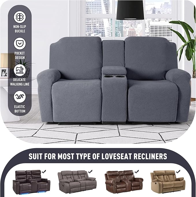 KinCam Loveseat Recliner Covers with Middle Console Slipcover, Recliner Sofa Covers 2 Seat Couch Cover Stripe Jacquard Furniture Protector Covers with Elastic Bottom for Kids, Pets (Gray)