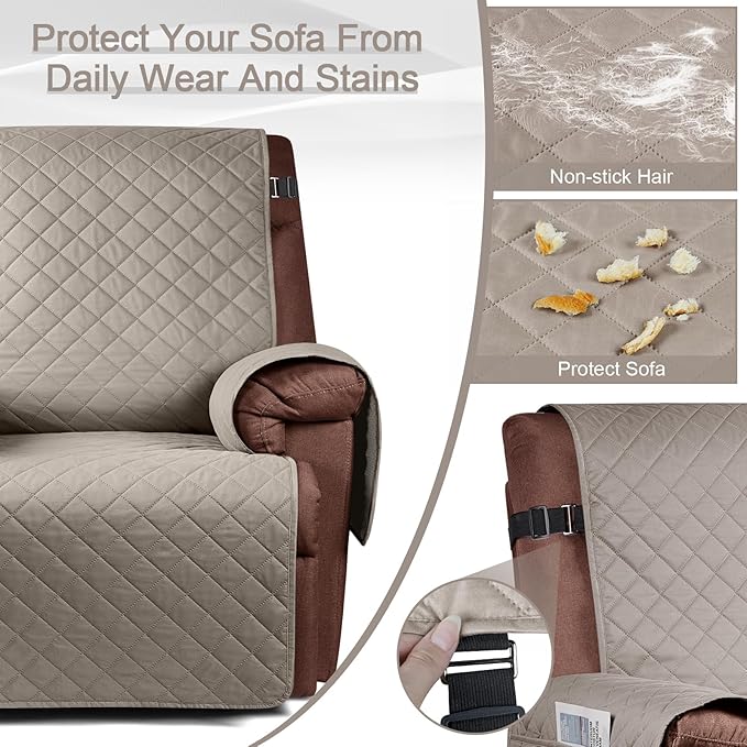 KinCam 100% Waterproof Recliner Chair Cover, Reclining Couch Covers for Pets, Dogs, Recliner Couch Slipcover Furniture Protector with Elastic Straps for Kids(28", Khaki)